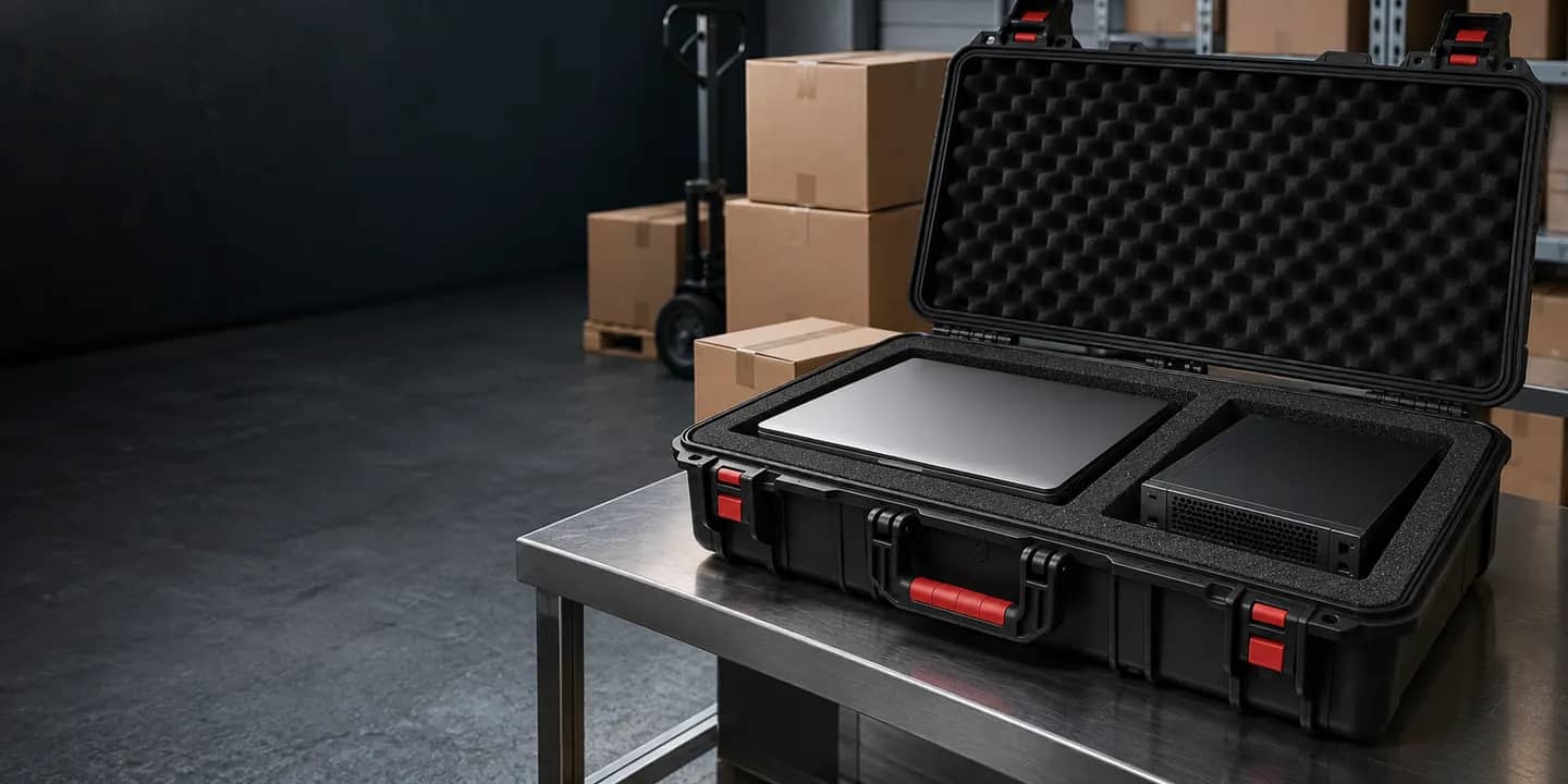 Illustrative laptop and network equipment protected for dispatch