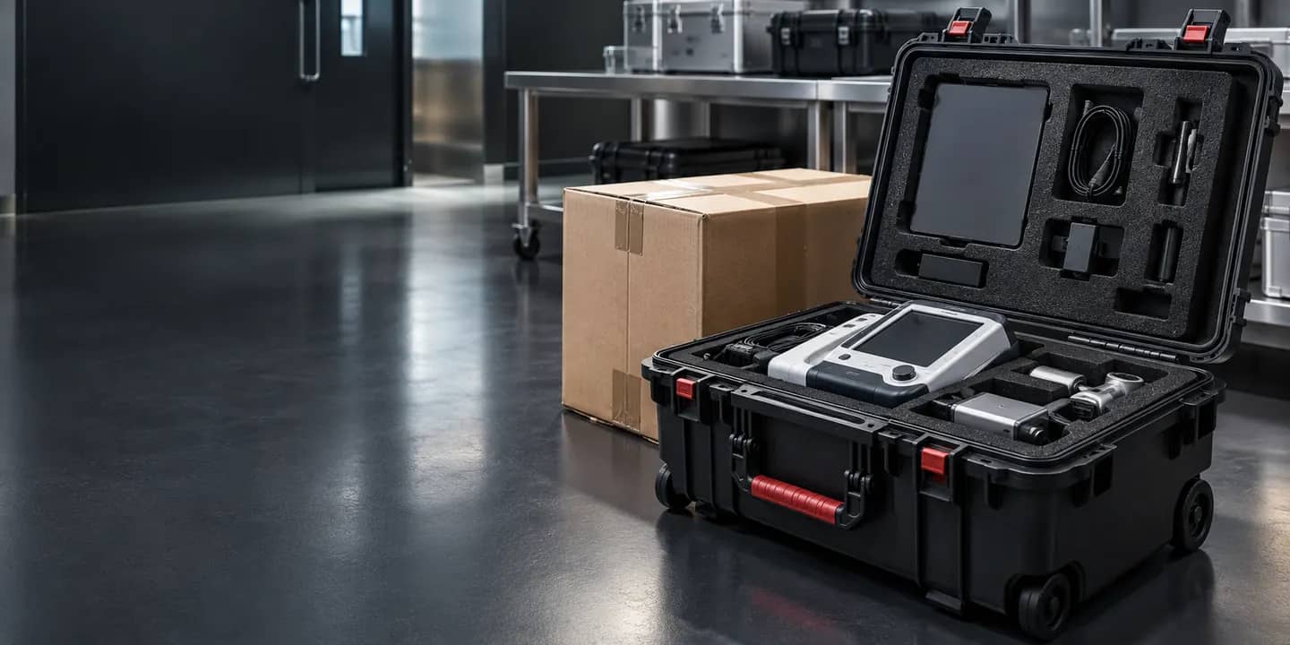 Illustrative diagnostic equipment secured in protective foam for transport