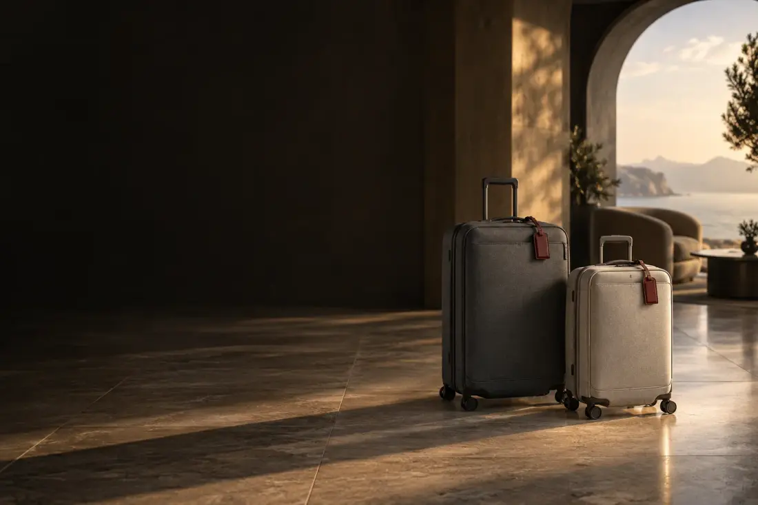 Illustrative PORTADOR BLACK editorial scene with charcoal and stone wheeled suitcases