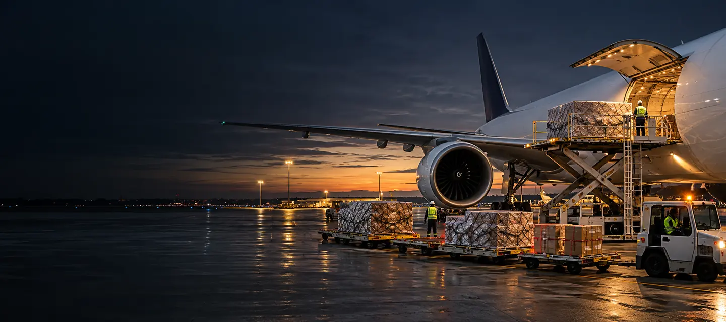 Illustration of secured cargo pallets being loaded into an unbranded aircraft at dawn