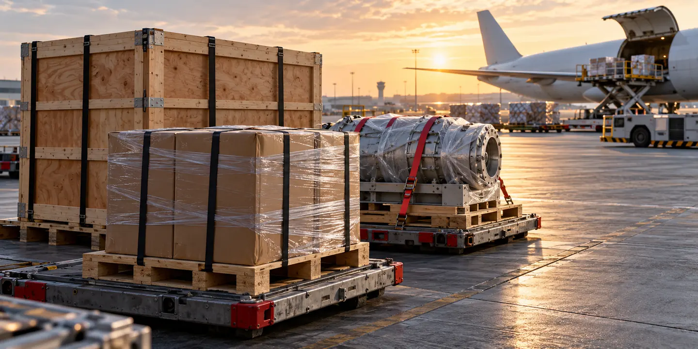 Illustration of secured industrial crates and multi-box business cargo prepared for airport handling