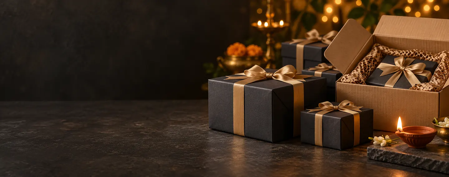Illustrative Diwali gifts with protective shipping packaging and a separate diya